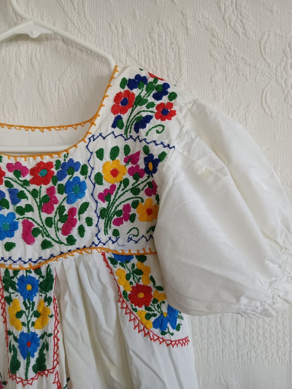 Vintage Hand Embroidered Mexican Dress Traditional Puebla Colorful Maxi Red Blue - Picture 6 of 14